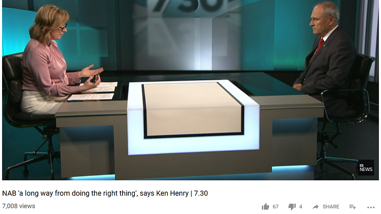 Screen grab from ABC News' YouTube channel, showing presenter Leigh Sales (left) with outgoing Chairman of NAB Dr Ken Henry