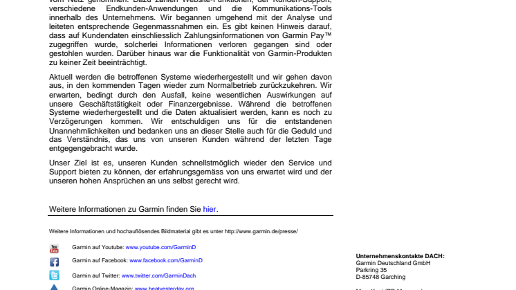 Garmin Statement Server-Ausfall