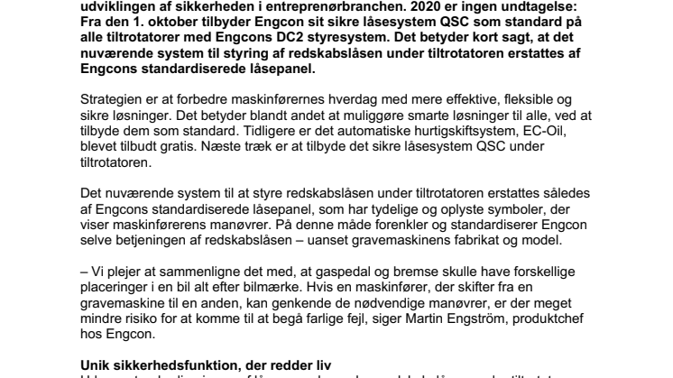 Engcons nye standardisering gør gravearbejdet sikrere  – QSC låsesystem bliver Engcons næste gratis standard 