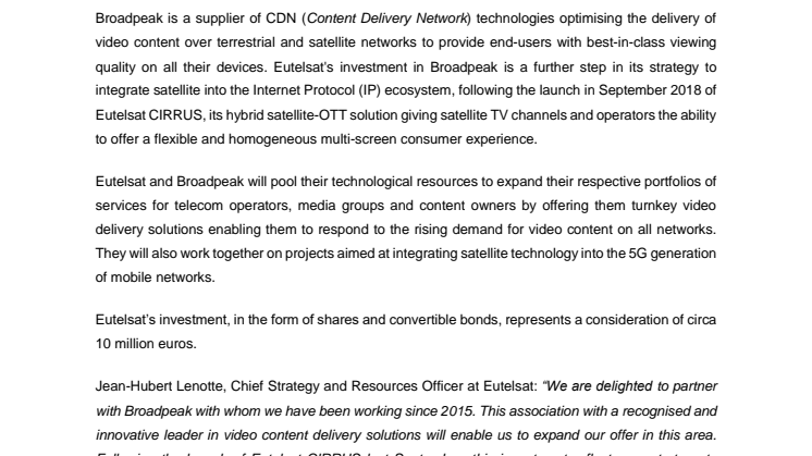Broadpeak raises 10 million euros from Eutelsat