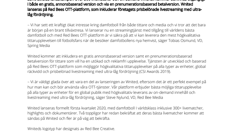 Red Bee och Spring Media Presenterar Wnited – Världens Första Globala Streamingplattform För Damfotboll