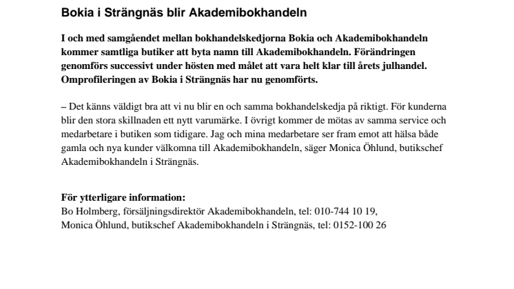 Bokia i Strängnäs blir Akademibokhandeln 