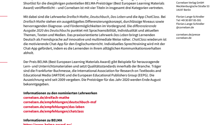 Cornelsen vierfach bei europäischem Bildungspreis BELMA nominiert
