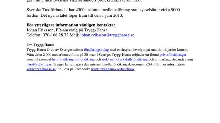 Trygg-Hansa tecknar avtal med Svenska Taxiförbundet