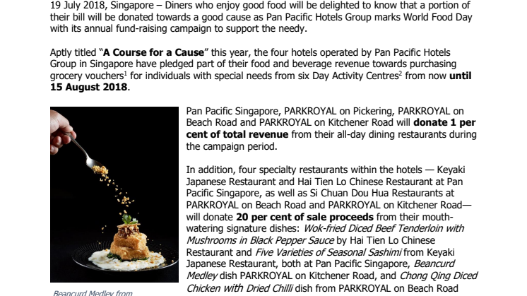 “A Course for a Cause”  Pan Pacific Hotels Group Marks World Food Day  By Raising Funds for Those with Special Needs