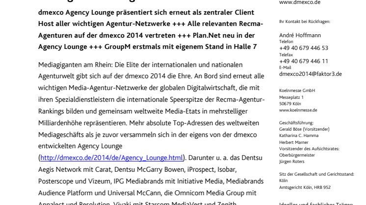 dmexco 2014: Globaler Meeting Point für alle wichtigen Recma-Agenturen
