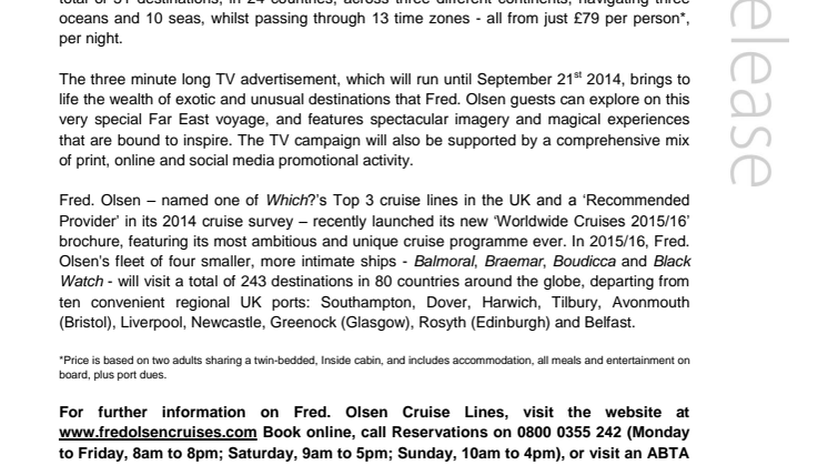 Fred. Olsen Cruise Lines launches TV campaign to highlight its longest-ever ‘Grand Voyage’ to the Far East in 2015