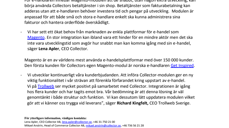 Collector lanserar e-handelsmodul för Magento i samarbete med Trollweb