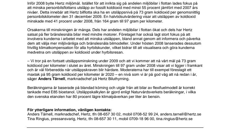 Hertz minskade koldioxidutsläppen med 41 procent under 2008