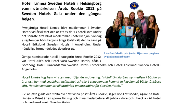 Hotell Linnéa Sweden Hotels är Årets Rookie 2012