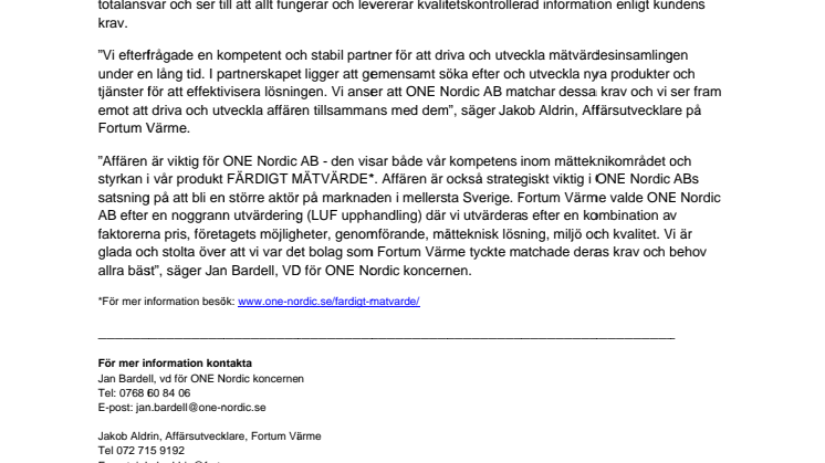 Fortum väljer ONE Nordic AB för mätvärdesinsamling i Stockholmsområdet