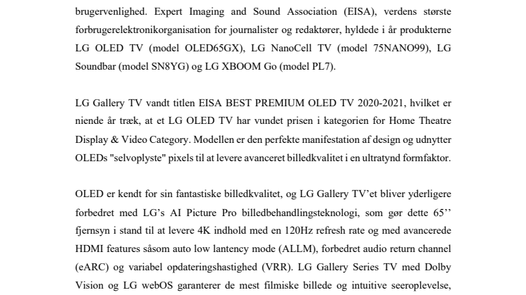 FØRENDE TV- OG LYDPRODUKTER FRA LG VINDER STORT VED EISA AWARDS 2020