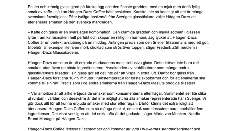 Häagen-Dazs™ svarar på konsumenternas önskan: Nu återlanseras den efterlängtade smaken Coffee 
