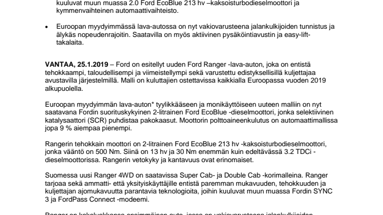Entistä tehokkaampi, taloudellisempi, viimeistellympi ja älykkäämpi Ford Ranger esitelty