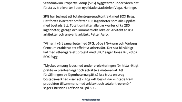 Pressmeddelande Scandinavian Property Group byggstartar 103 bostadsrätter i Vega, Haninge 