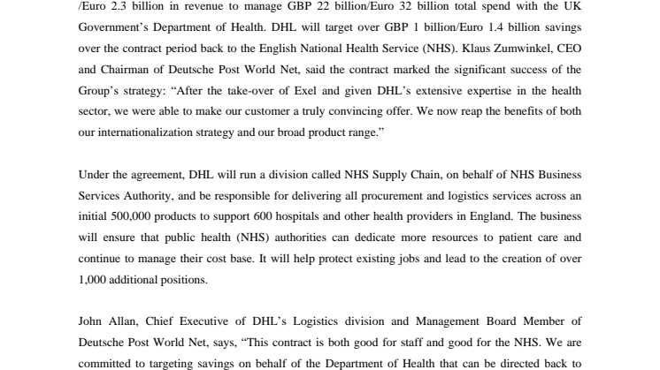 DHL wins contract worth GBP 1.6 billion revenue over 10 years with the