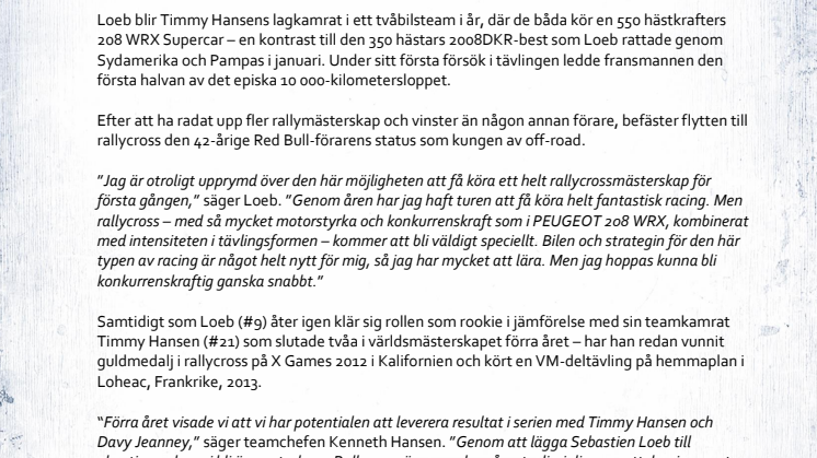 Världsmästarna Team Peugeot Hansen välkomnar Sébastien Loeb till 2016 års säsong