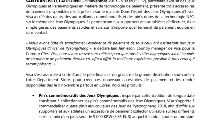 Visa présente ses nouveaux accessoires de paiement pour les supporters assistant aux  Jeux Olympiques d’hiver de Pyeongchang 2018