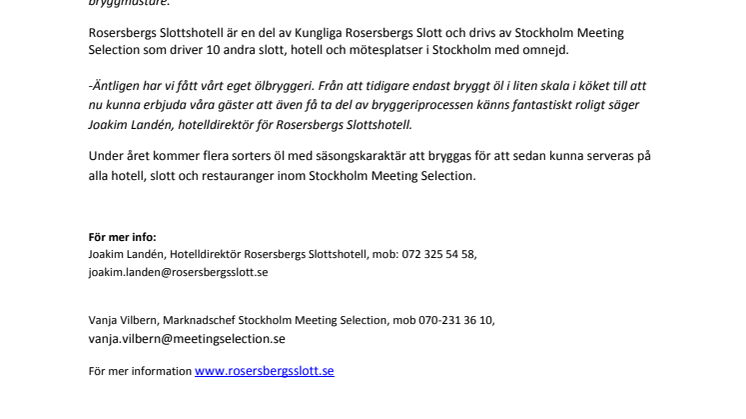 Nytt slottsbryggeri med eget öl på Rosersbergs Slottshotell  