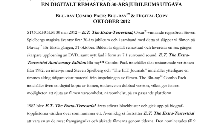 FÖR ATT FIRA UNIVERSAL STUDIOS 100-ÅRS JUBILEUM SLÄPPS EN AV DE MEST ÄLSKADE FILMERNA GENOM TIDERNA FÖR FÖRSTA GÅNGEN PÅ BLU-RAY™  -  E.T. THE EXTRA-TERRESTRIAL