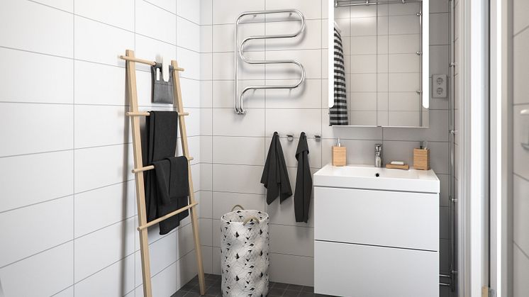 Illustration av interiör, badrum ovanvåning, BoKlok småhus, 2020.