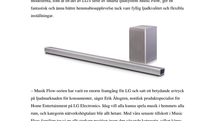 LG UTÖKAR SIN POPULÄRA MUSIC FLOW-SERIE MED NYA TRÅDLÖSA SOUNDBARS