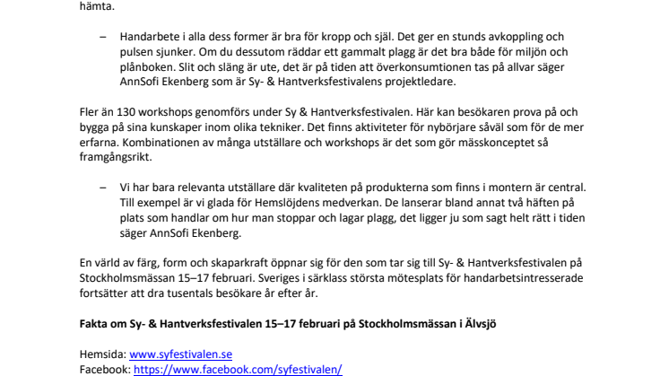 Inspiration till återbruk på Sy- & Hantverksfestivalen på Stockholmsmässan 15–17 februari