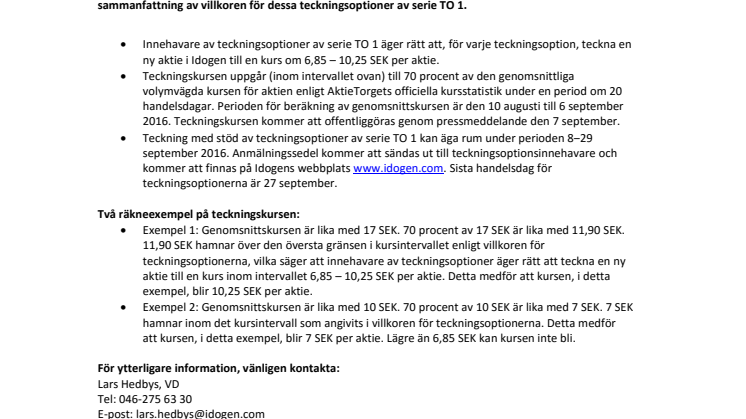 Information om Teckningsoptioner av serie TO 1 med teckning under perioden 8‒29 september