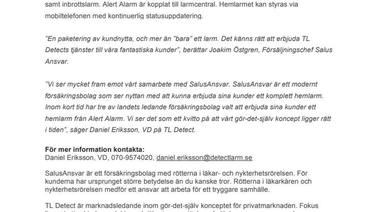 Alert Alarm erbjuds till SalusAnsvar kunder