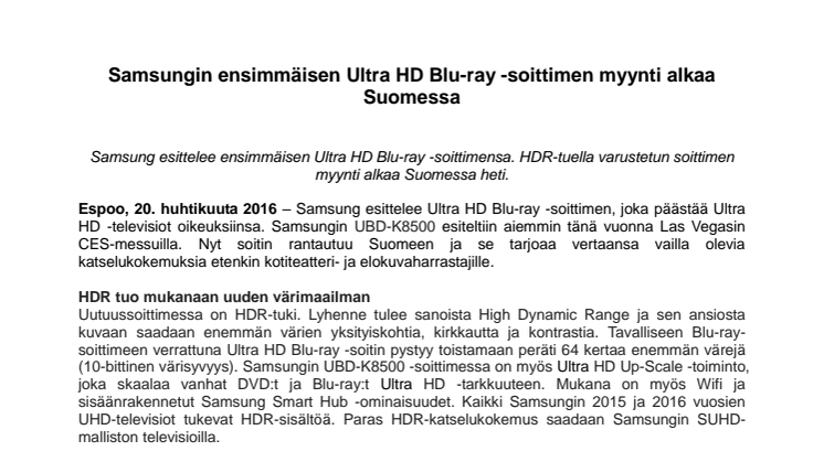 Samsungin ensimmäisen Ultra HD Blu-ray -soittimen myynti alkaa Suomessa