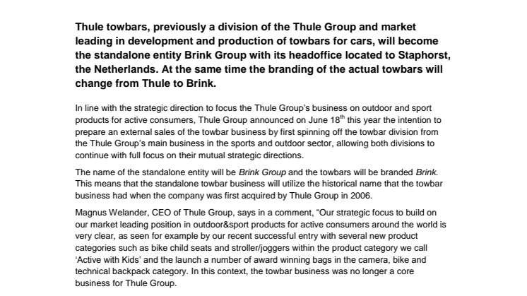 Thule towbars becomes the stand-alone entity  Brink Group B.V. 