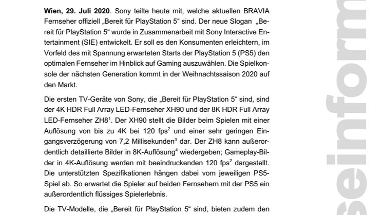„Bereit für PlayStation 5“ – Die aktuellen BRAVIA Fernseher von Sony 