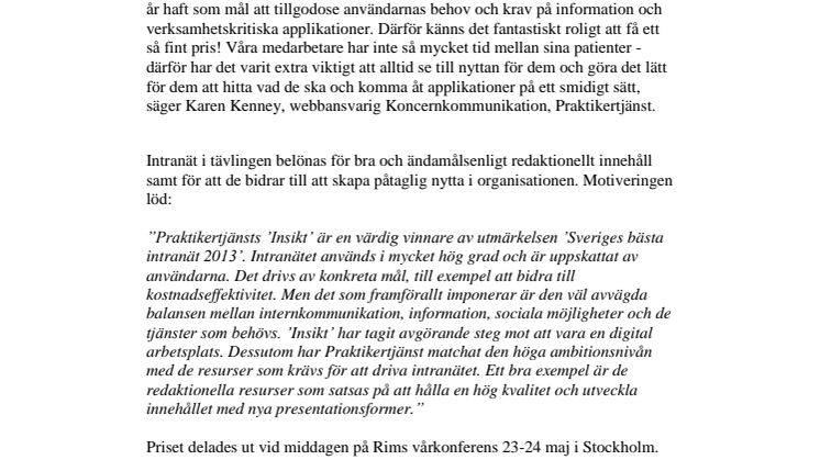 Praktikertjänsts intranät Insikt bäst i Sverige!