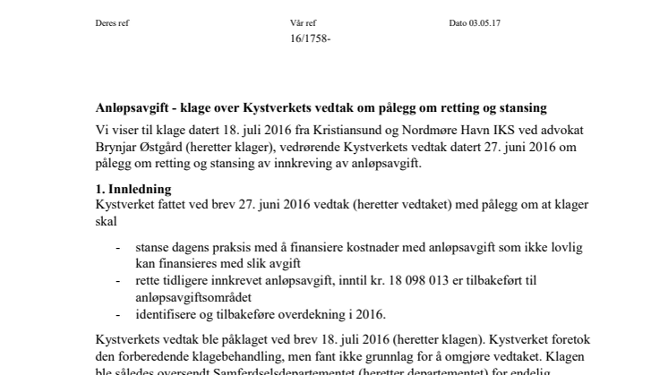 Samferdselsdepartementets vedtak_Kristiansund og Nordmøre havn