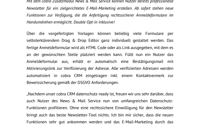 Datenschutzkonforme Newsletter- und Formularerstellung - Neuerungen im News & Mail Service für cobra