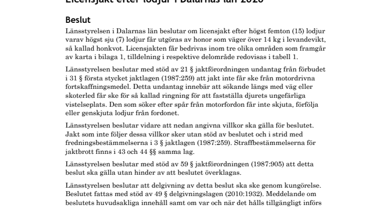 Beslut om licensjakt lodjur i Dalarnas län 2020