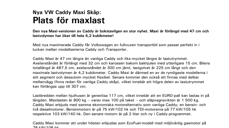 Volkswagen Transportbilar: Nya VW Caddy Maxi Skåp: Plats för maxlast