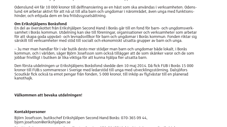 Erikshjälpens Boråsfond delas ut till Odenslund 4H och Frälsningsarmén