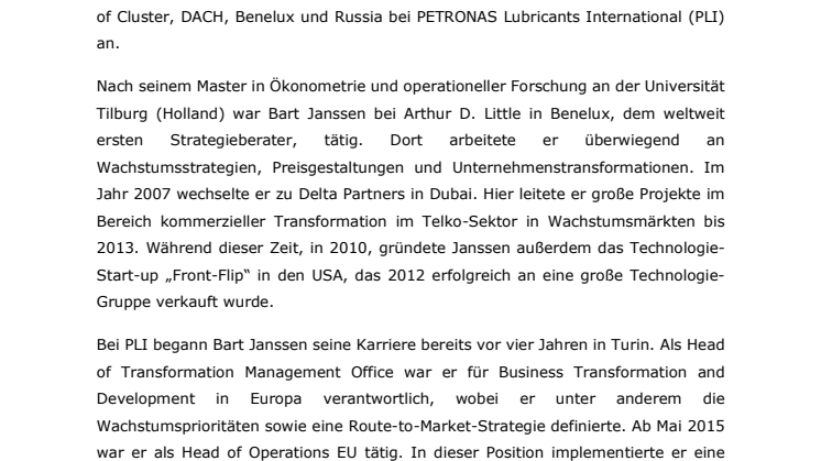 Bart Janssen wird Head of Cluster, DACH, Benelux und Russia bei PETRONAS Lubricants International