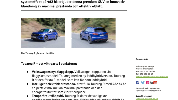 Säljstart för Volkswagens nya kraftfulla laddhybrid Touareg R