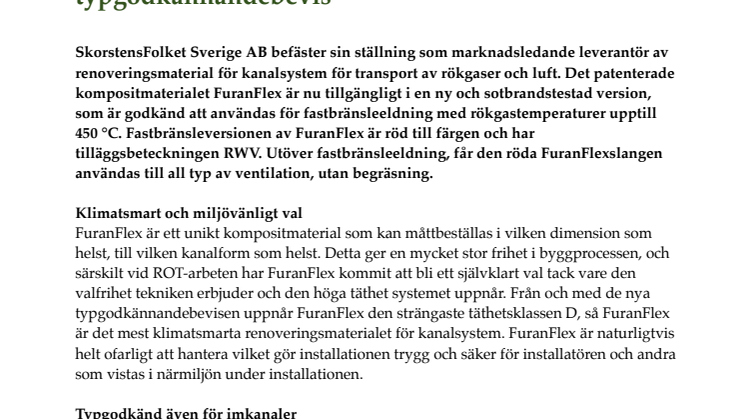 SkorstensFolket Sverige AB uppdaterar marknadsledande kanalrenoveringsmaterialet FuranFlex med två nya och förbättrade typgodkännandebevis