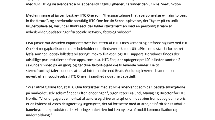 HTC One hædret med prisen for "Best European Advanced Smartphone 2013-2014"