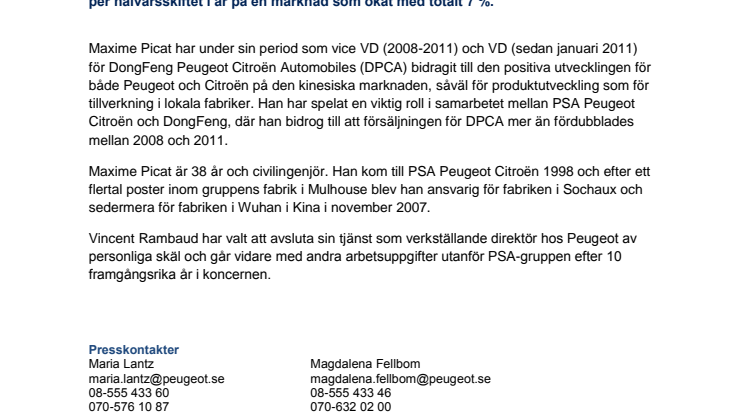 Maxime Picat blir ny verkställande direktör på Automobiles Peugeot