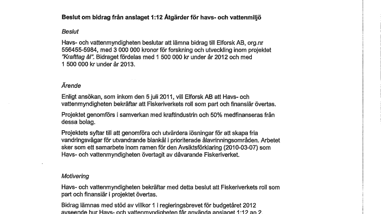 Beslut "Krafttag ål"