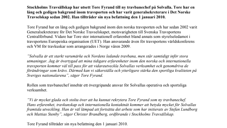 Tore Fyrand ny travbanechef på Solvalla