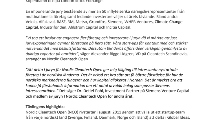 Nordic Cleantech Open lanseras idag - internationella investerare och representanter från industrin deltar i juryarbetet.