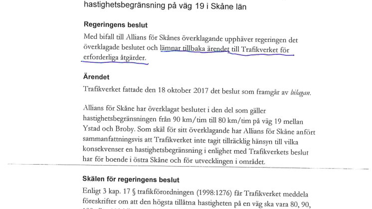 Regeringsbeslut: Överklagande av Trafikverkets beslut om föreskrifter om hastighetsbegränsning på väg 19