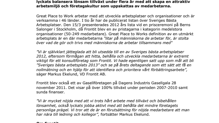 Frontit är en av Sveriges bästa arbetsplatser 2012