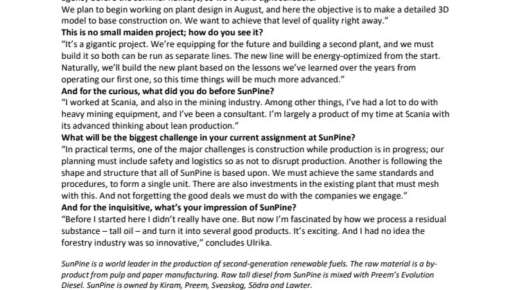 English press release - She’s heading up the new plant construction