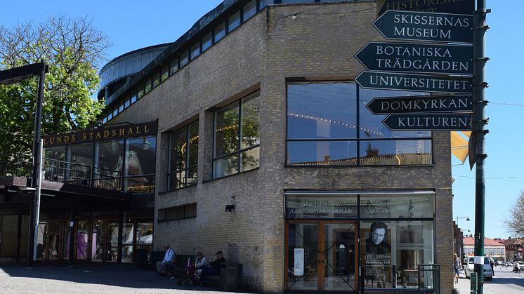 Stadshallen i Lund. Den blivande restaurangen får ingång "på hörnan" i Turistbyråns gamla lokaler.
